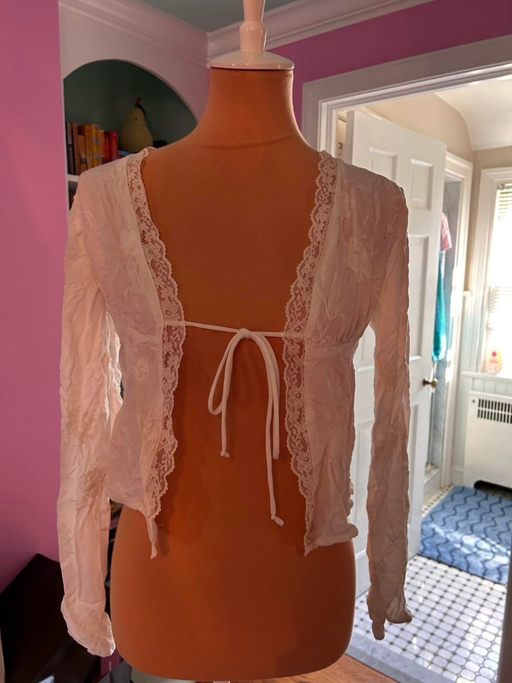 Sheer Lace Tie-Front Cream top - Women Tops